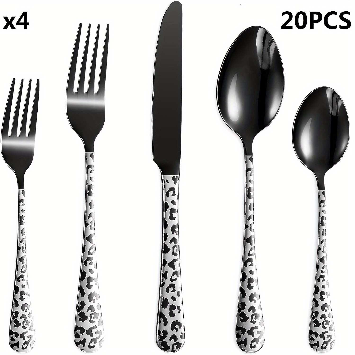 black cutlery set   spoons forks knives stainless steel cutlery set leopard print pattern innovative cutlery set 5 20pcs dishwasher washable   polished cutlery set Product details 0