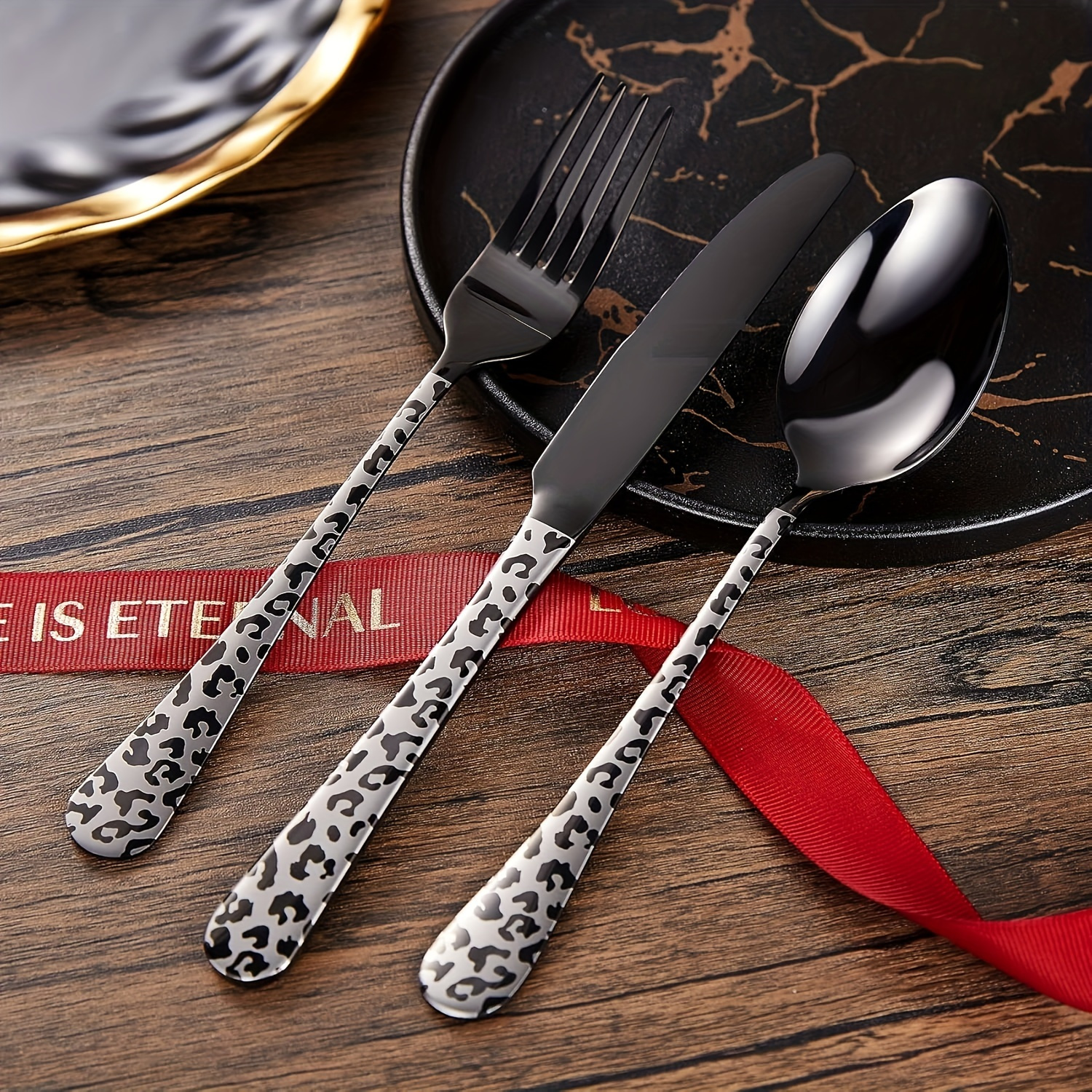 black cutlery set   spoons forks knives stainless steel cutlery set leopard print pattern innovative cutlery set 5 20pcs dishwasher washable   polished cutlery set Product details 3