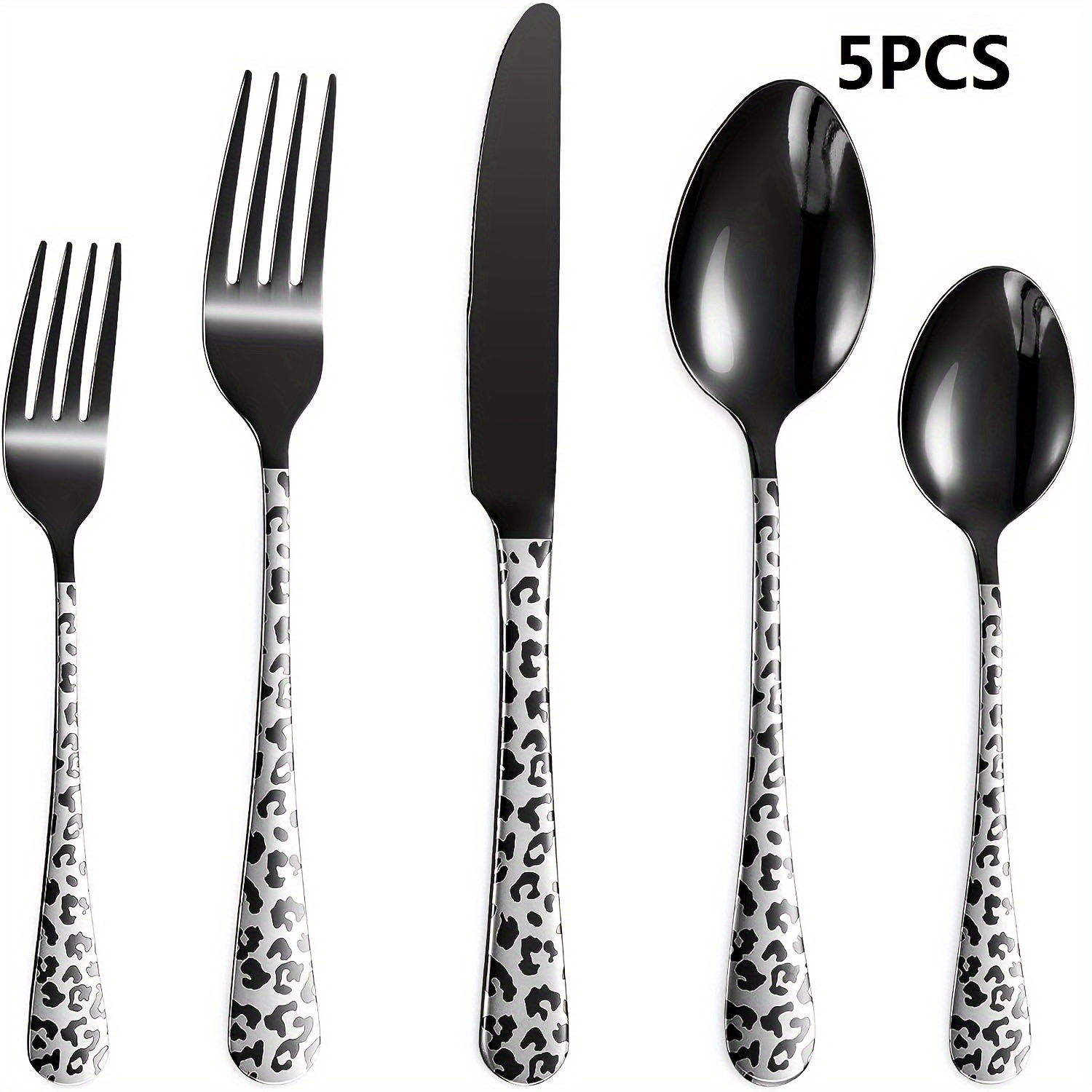 black cutlery set   spoons forks knives stainless steel cutlery set leopard print pattern innovative cutlery set 5 20pcs dishwasher washable   polished cutlery set Product details 2