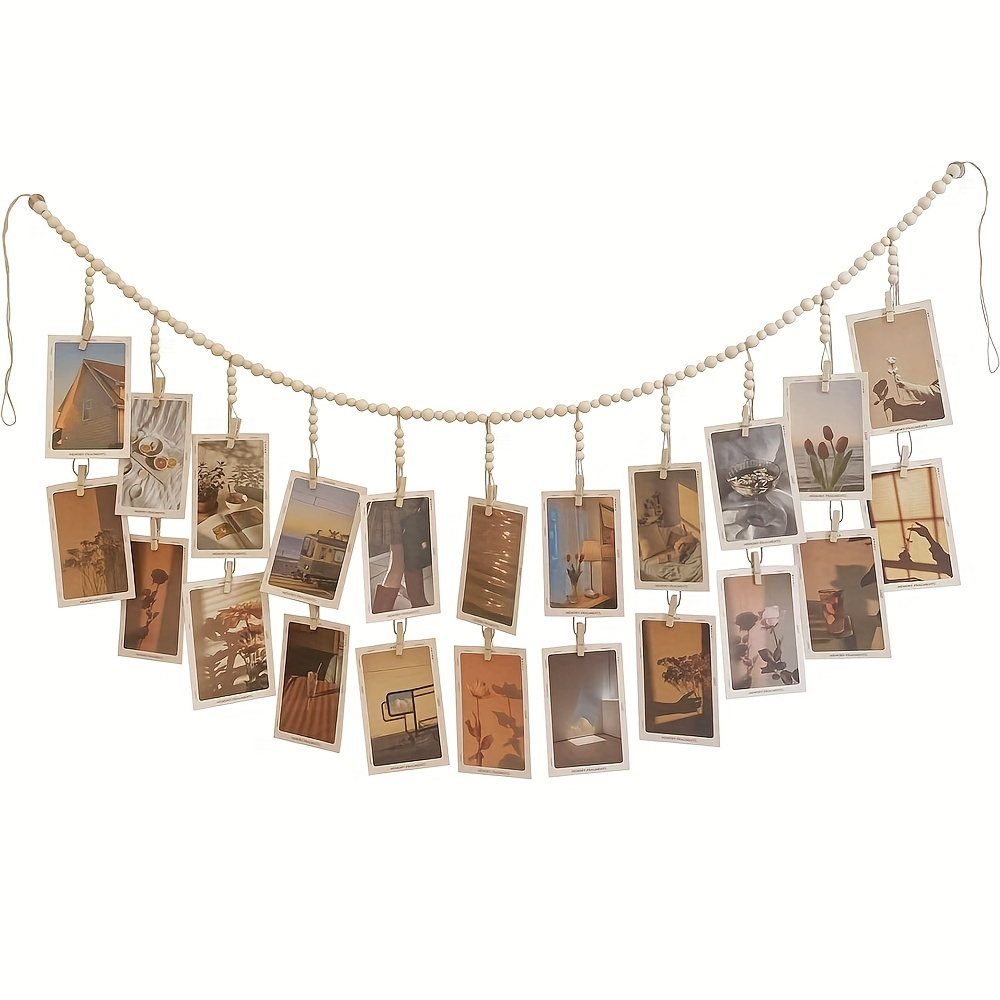 2Pcs Hanging Photo Display With Clips, Boho Wooden Bead Garland Collage