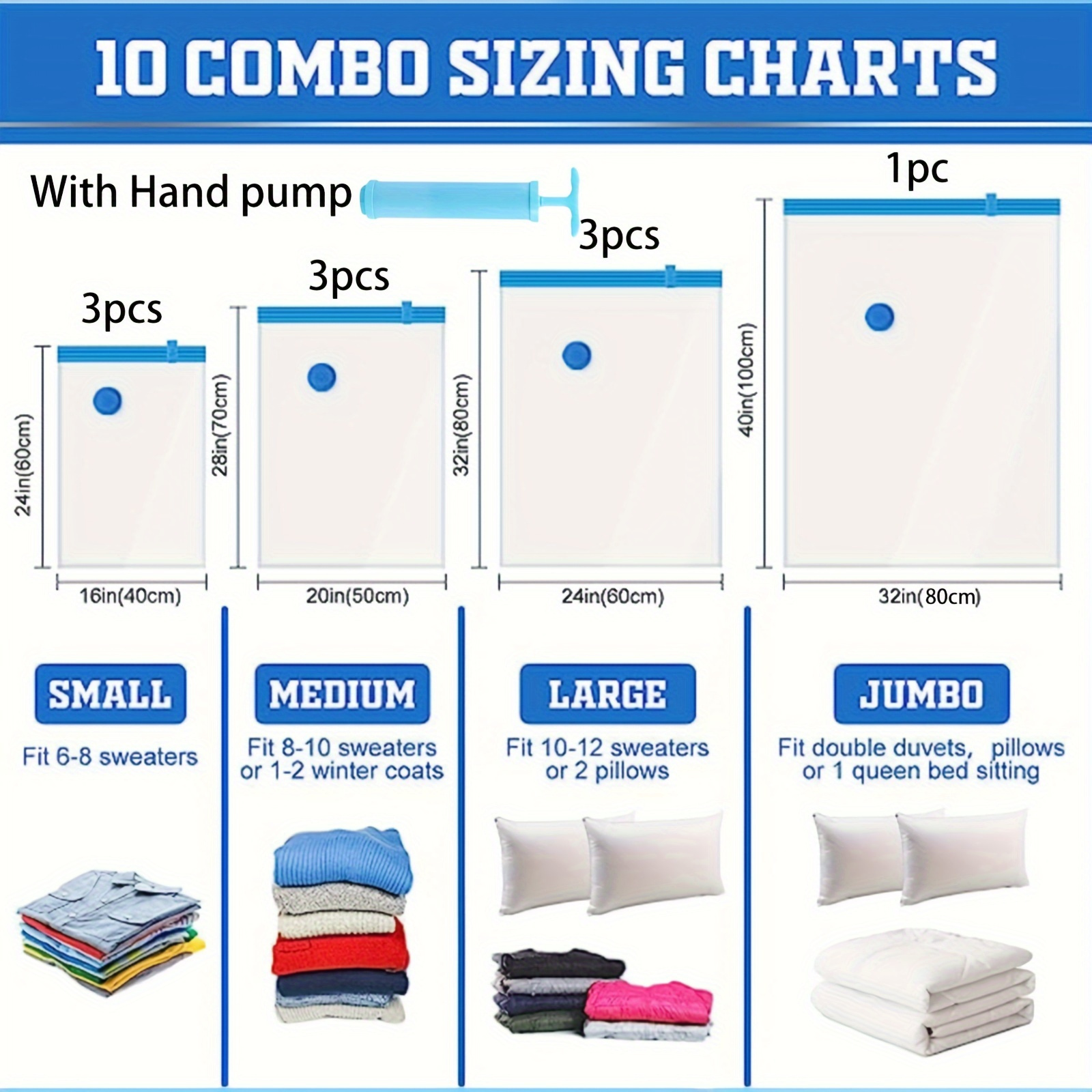 

8pcs/ 10pcs Vacuum Storage Bag With 1 Hand Pump, Portable Plastic Travel Bag, Suitable For Blankets, Bedding, Clothes, Quilts, Down Jackets, Ideal Household Items, Tools