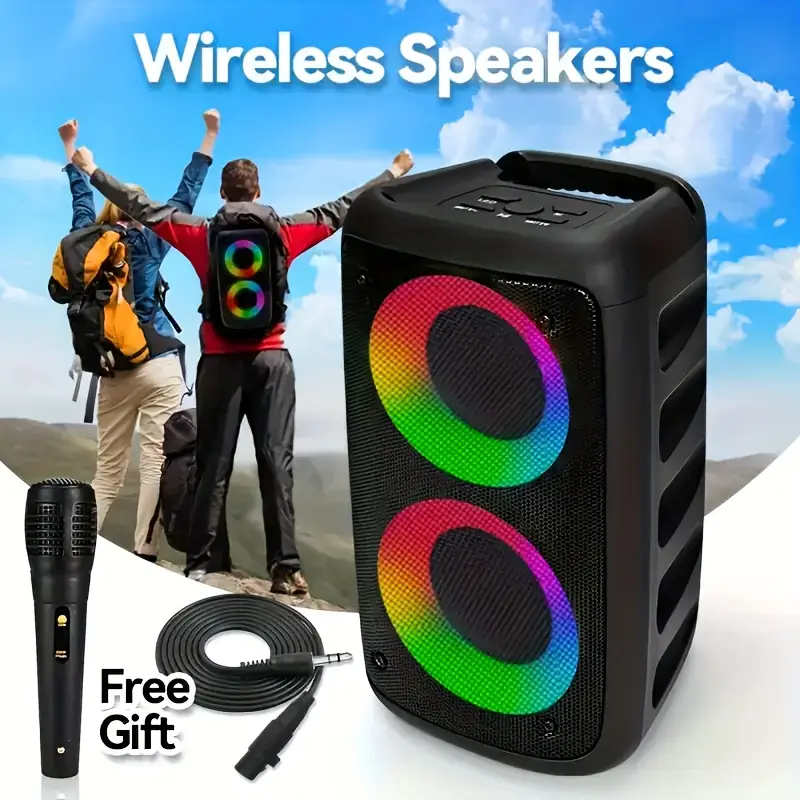 portable wireless speaker with microphone big stereo subwoofer tws aux support rechargeable battery holiday halloween christmas for outdoor party singing details 3