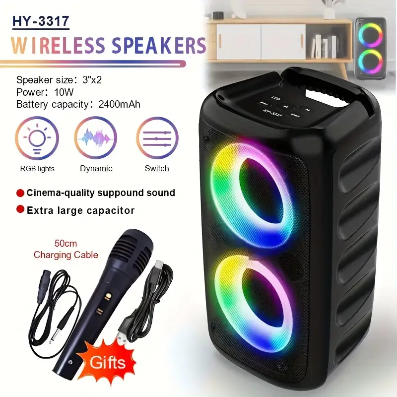 portable wireless speaker with microphone big stereo subwoofer tws aux support rechargeable battery holiday halloween christmas for outdoor party singing details 0