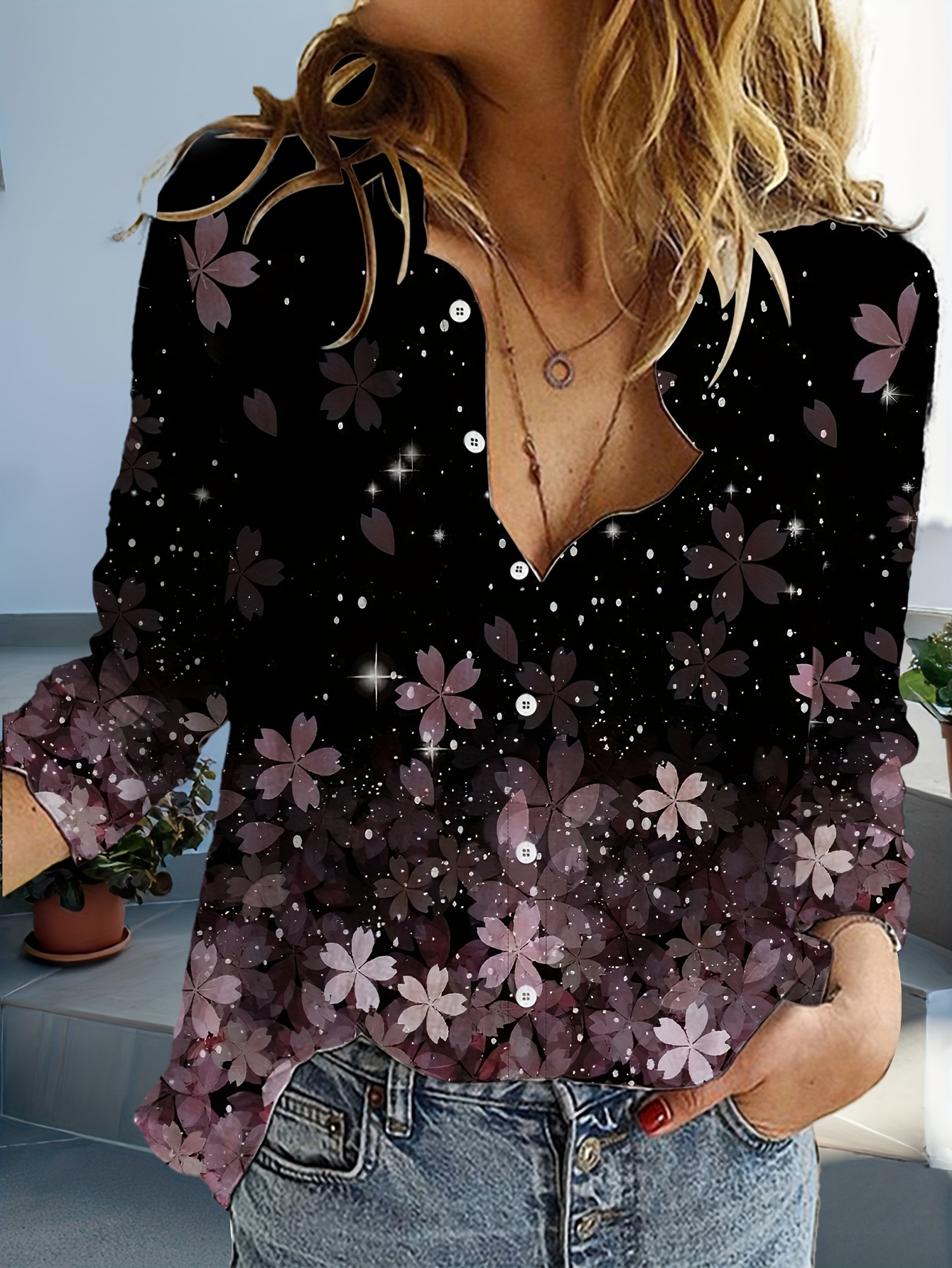 camisa larga estampado floral 3d mujer base negra Temu Chile