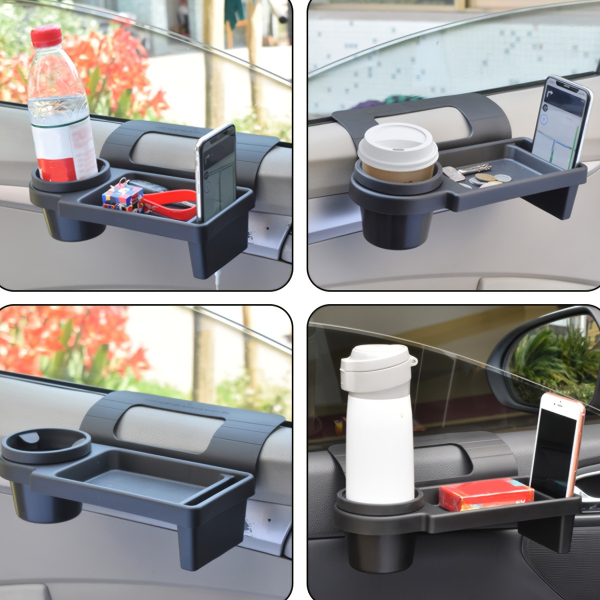 

Multi-functional Car Organizer With Cup Holder & Phone Slot - Black Plastic, Space-saving Design, Fits Most Vehicles, Ideal For Holding Drinks, Food, And Smartphone, Cell Phone Holder For Car