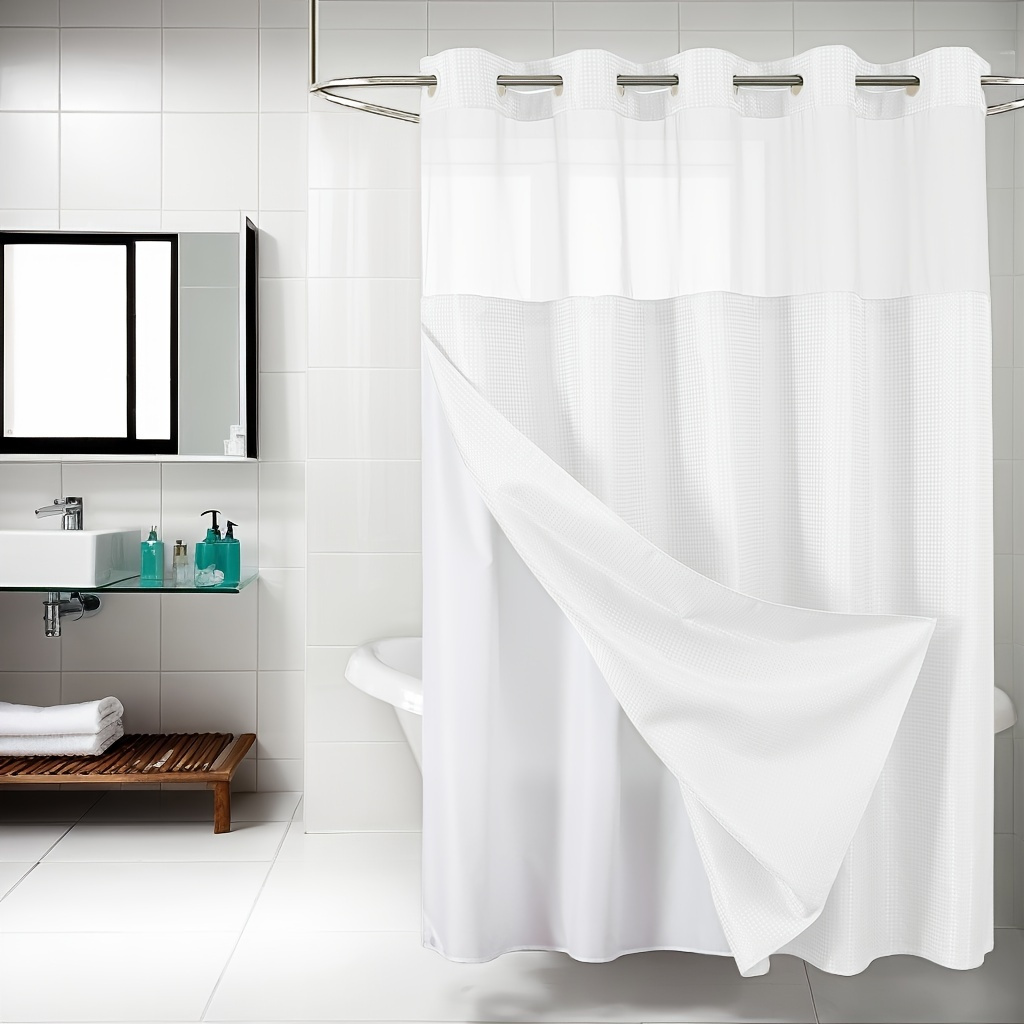 1pc no hook shower curtain with   fabric liner waffle weave heavy duty thick shower curtains with mesh top window   bathroom curtain set white