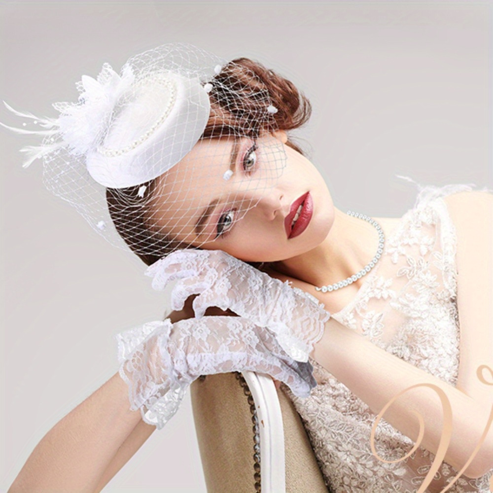 Fascinator Hat Set with Gloves and Pearl Jewelry for Wedding Tea Party Derby Fascinator Hats for Women Tea Party Hats and Gloves Pearl  main image 4