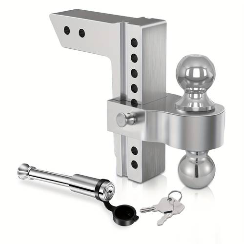 versatile trailer hitch designed for a 2 5 inch receiver made from aluminum featuring an 8 inch drop or with 2 inch and 2 5 16 inch steel tow balls and a key lock