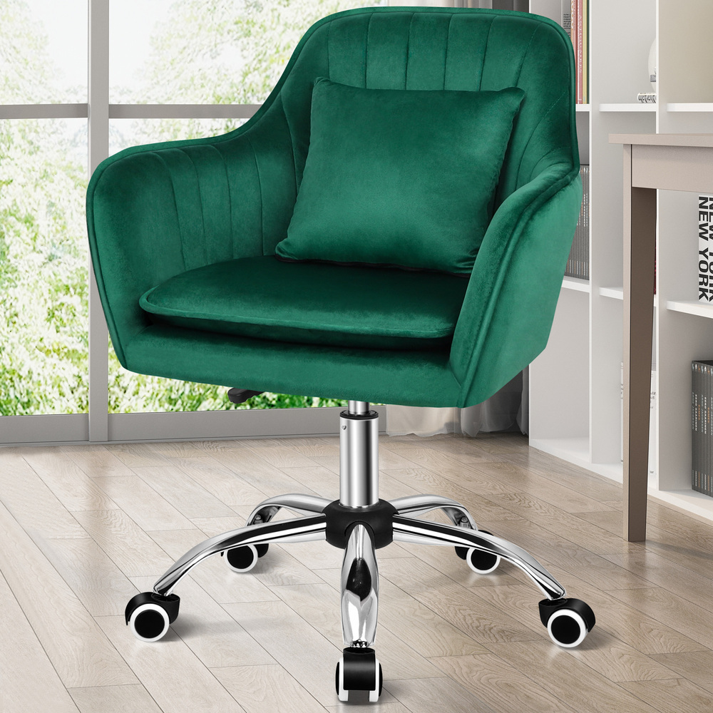 Velvet Office Chair Adjustable Height Manual Handle, Ergonomic Plush  Green Velvet Seat with Chrome Base Caster Wheels for Home Of