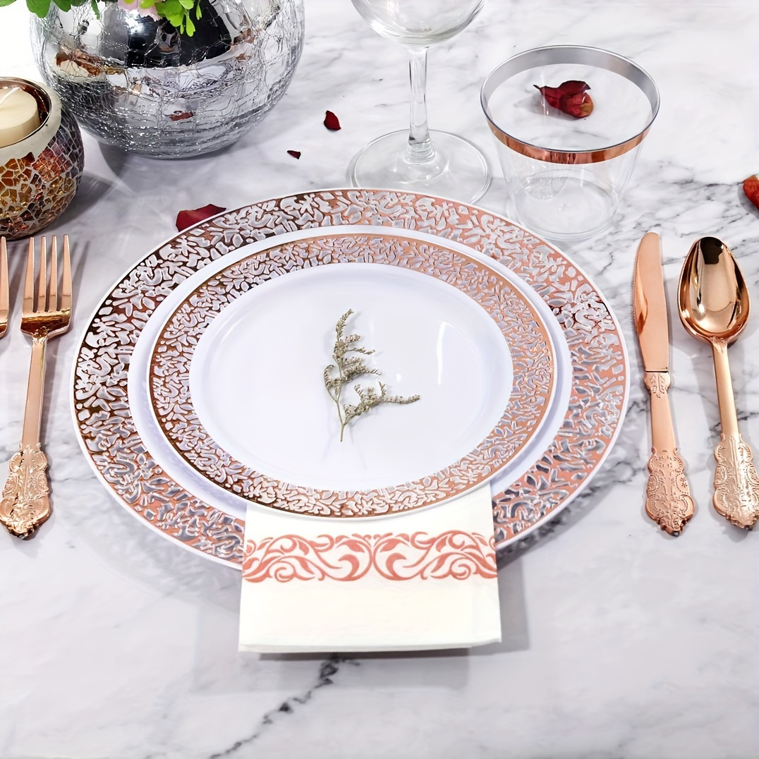 350pcs rose gold plastic tableware set for 50 guests rose gold edge lace design including 50 dinner plates 50 dessert plates 50 forks 50 knives 50 spoons 50 cups 50 napkins suitable for parties weddings easter mothers day and daily use details 6