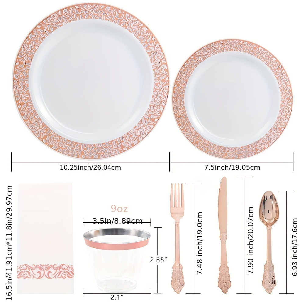 350pcs rose gold plastic tableware set for 50 guests rose gold edge lace design including 50 dinner plates 50 dessert plates 50 forks 50 knives 50 spoons 50 cups 50 napkins suitable for parties weddings easter mothers day and daily use details 2