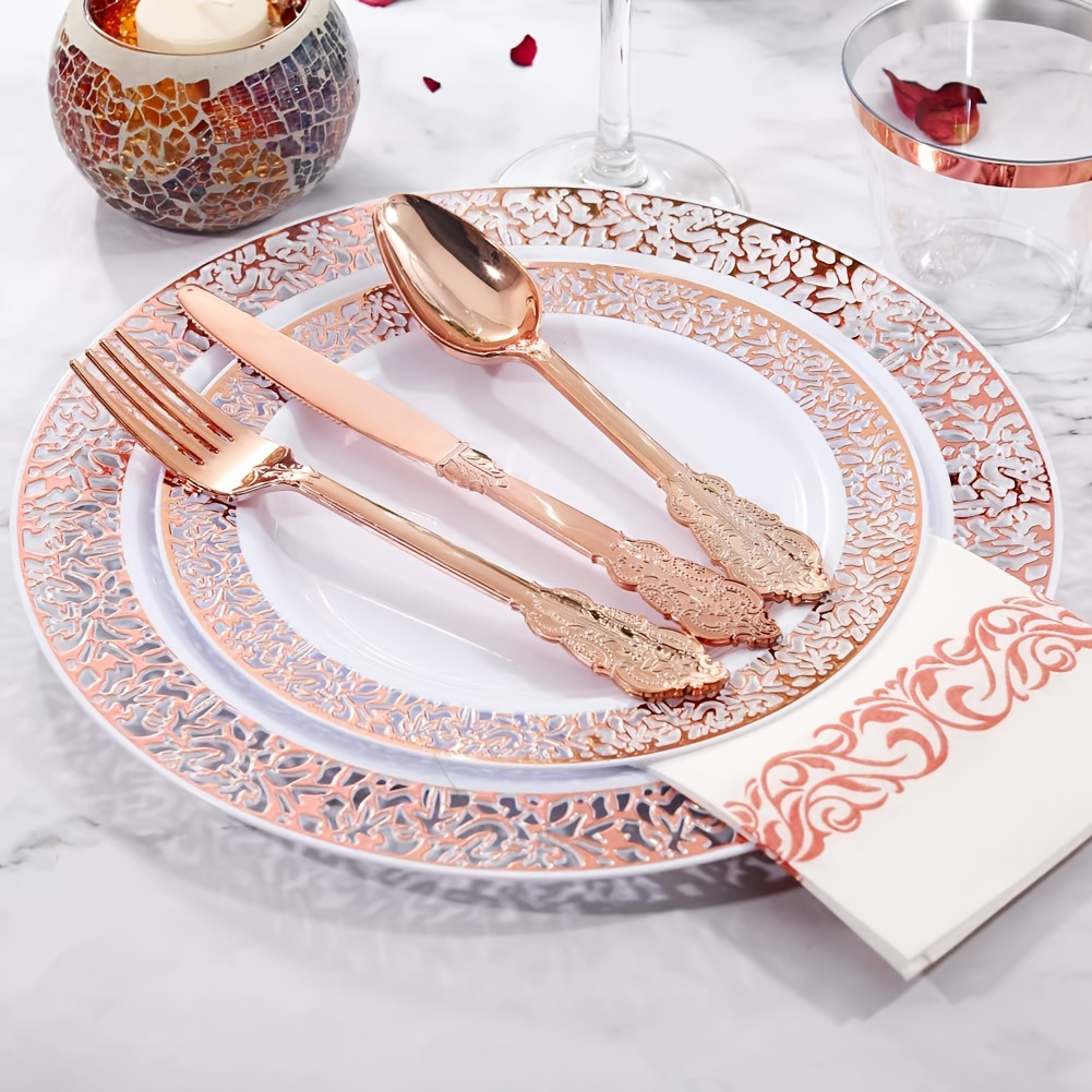 350pcs rose gold plastic tableware set for 50 guests rose gold edge lace design including 50 dinner plates 50 dessert plates 50 forks 50 knives 50 spoons 50 cups 50 napkins suitable for parties weddings easter mothers day and daily use details 1