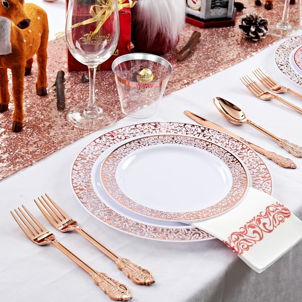 350pcs rose gold plastic tableware set for 50 guests rose gold edge lace design including 50 dinner plates 50 dessert plates 50 forks 50 knives 50 spoons 50 cups 50 napkins suitable for parties weddings easter mothers day and daily use details 4