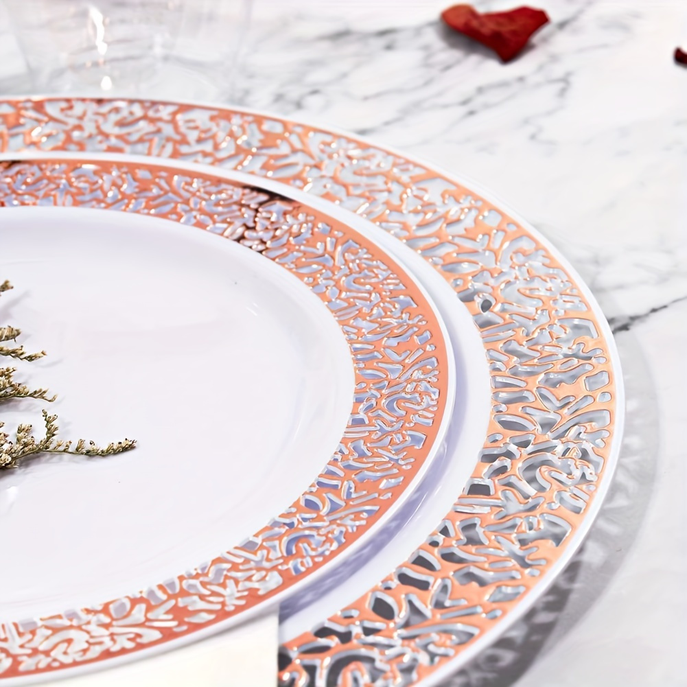 350pcs rose gold plastic tableware set for 50 guests rose gold edge lace design including 50 dinner plates 50 dessert plates 50 forks 50 knives 50 spoons 50 cups 50 napkins suitable for parties weddings easter mothers day and daily use details 5