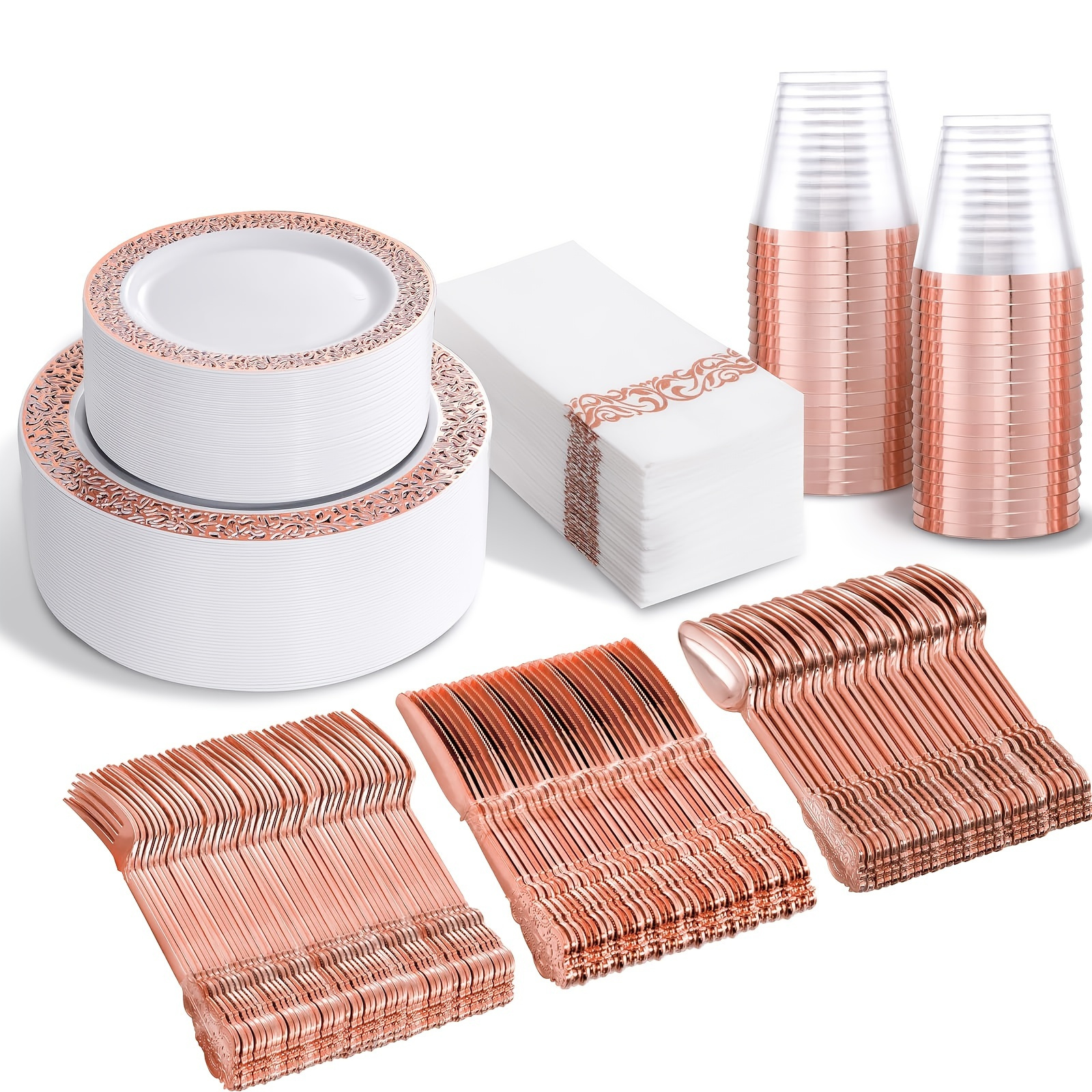 350pcs rose gold plastic tableware set for 50 guests rose gold edge lace design including 50 dinner plates 50 dessert plates 50 forks 50 knives 50 spoons 50 cups 50 napkins suitable for parties weddings easter mothers day and daily use details 0