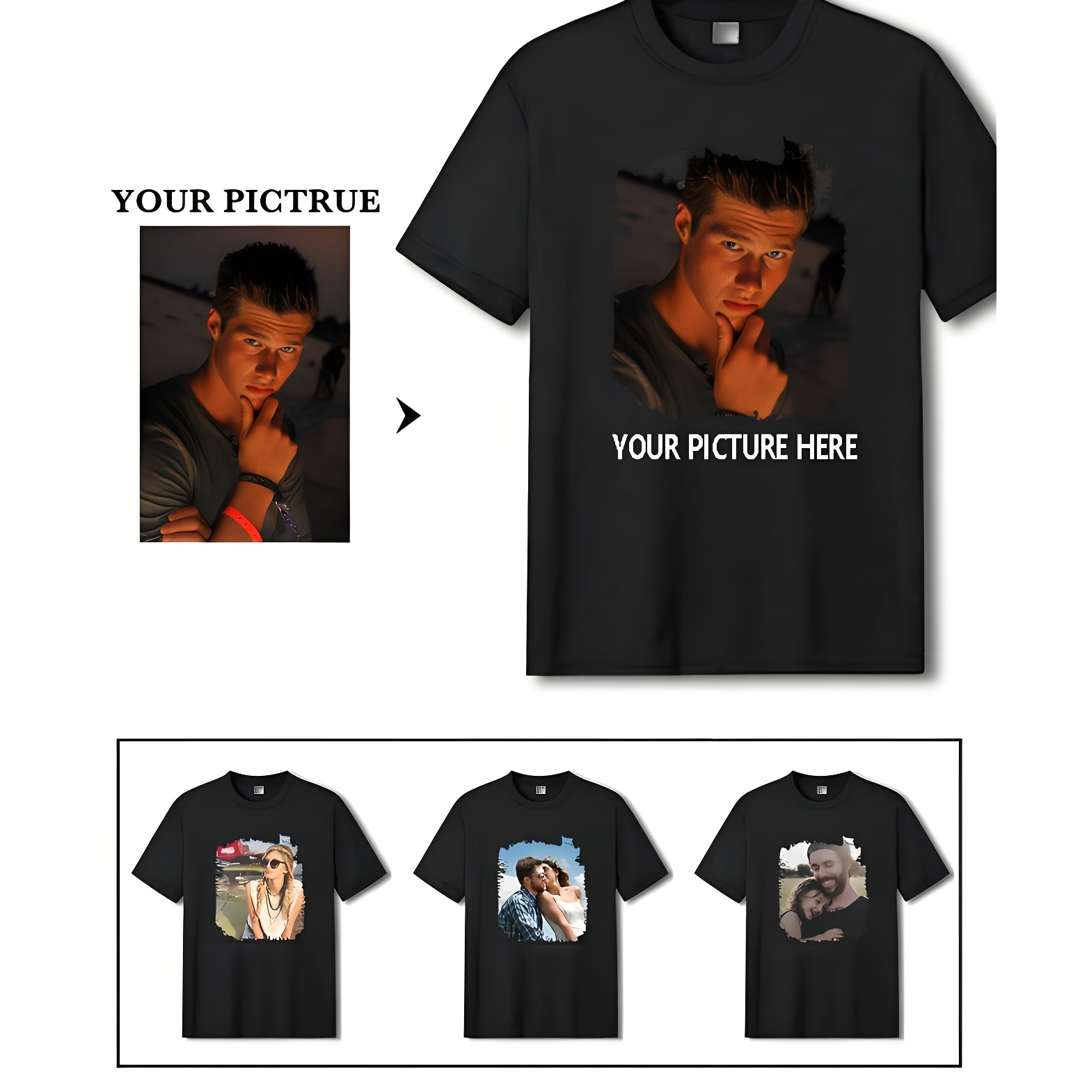 맞춤형 남성용 사진 티셔츠 - 자신의 사진으로 개인화, 커플, 가족, 애완동물, 친구에게 완벽 - 가족 모임, 그룹 의상에 이상적, 블랙 폴리에스터 티 - 휴일,  , 아버지의 날, 기념일, 음악 축제에 적합, 맞춤형 티셔츠