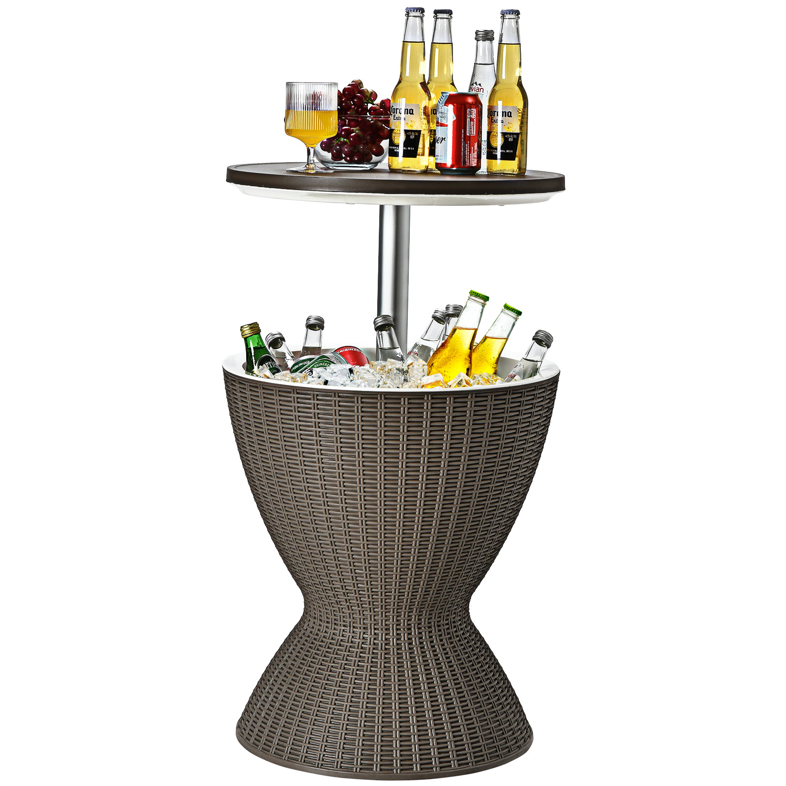 [All-Weather Resin Table] Outdoor Ice Bucket Side Table with Storage Shelf, All-Weather Heavy-Duty Resin Patio Cooler Table, Round Easy-Clean End Table for Pool, Garden And Balcony