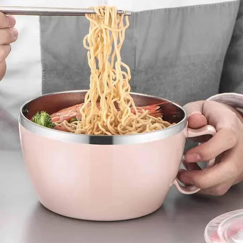 stainless steel insulated noodle bowl with lid double layer leak proof design   hot meals   takeout durable and easy to   for home   lunch box travel food container
