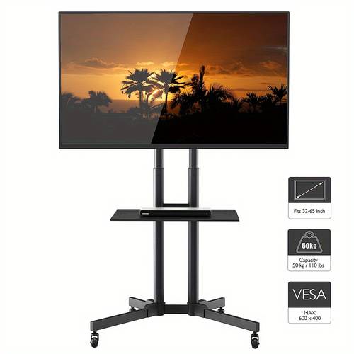 Mobile TV Stand On Wheels with Tray, Tilt Rolling TV Stand with Media Shelf for 81.28-165.1 cm LED, LCD, OLED Flat&Curved TVs, to