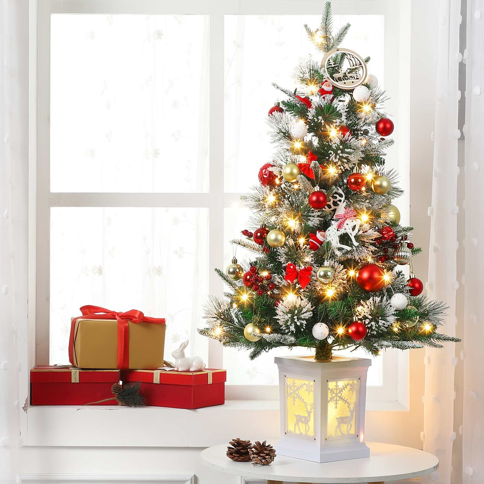 3 Sapins De Noël Miniatures Avec Lumières LED - Décorations De Table, Batterie Incluse - Design Dégradé Brillant - 12