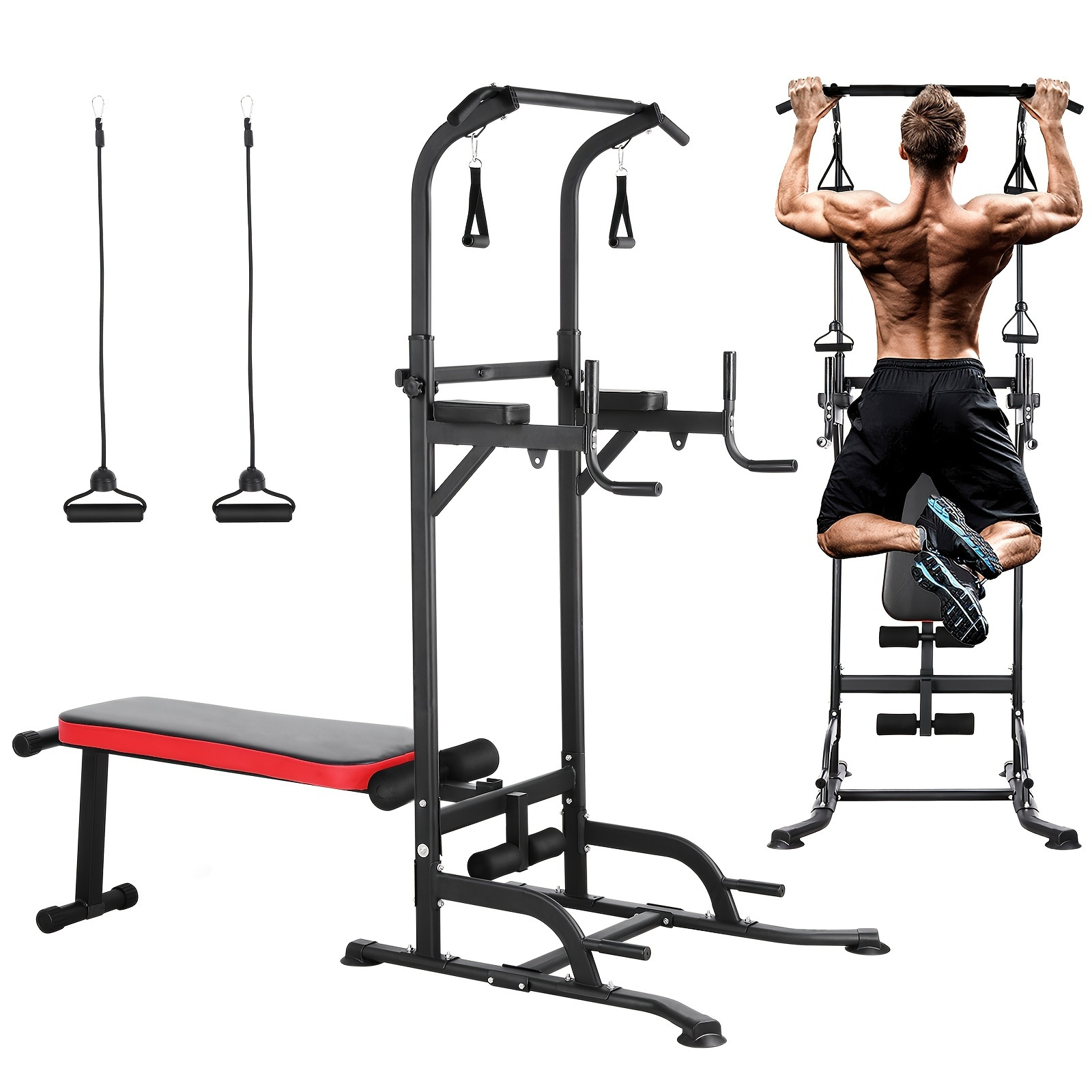 Power Tower Multifunctioneel met Opvouwbare Gewichtbank, Dip Station en Optrekstang, Krachttraining, Full Body Training