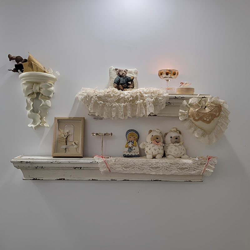 Set Di 2 Mensole Galleggianti In Legno Bianco Shabby Chic - Ripiani Decorativi Stile Country Francese, Grandi 41,5 Cm E Piccole 38,1 Cm - 3