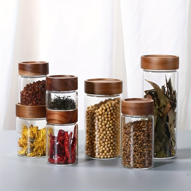 

1pc Pot de Rangement en Verre Borosilicate de Qualité Supérieure avec Couvercle en Bois d' - Fermeture Hermétique pour Café, Thé, Céréales & Plus - Contenant Rond Réutilisable pour de