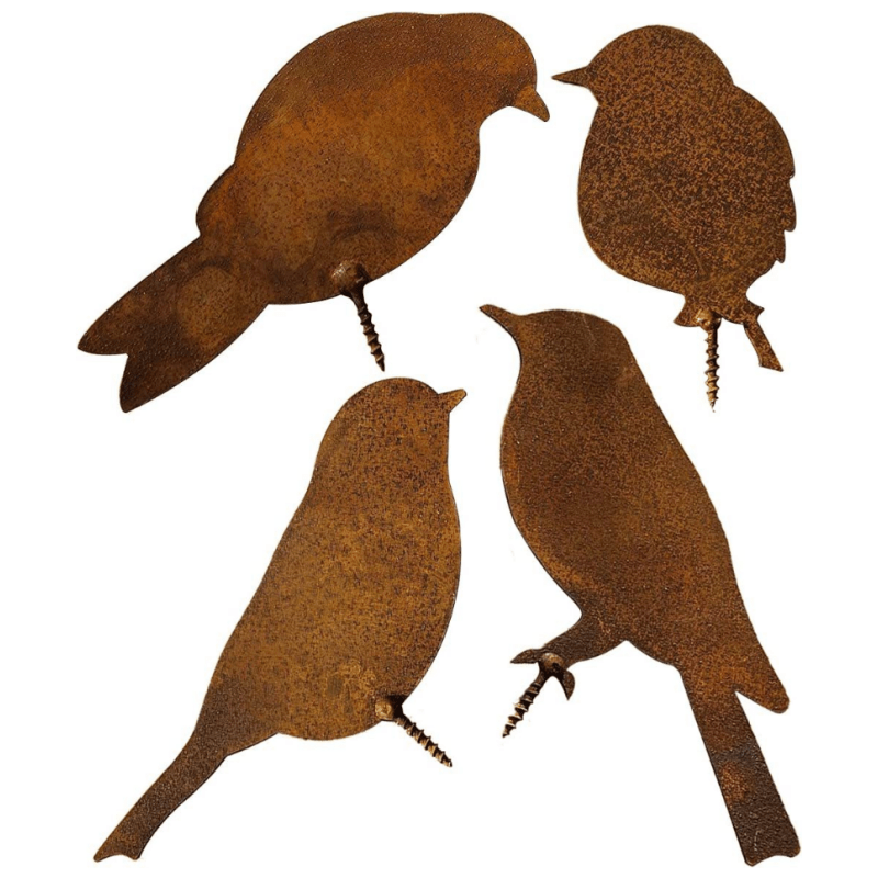 4 Stück Rostige Vogel-Gartenstecker, Rostkunst Metall Silhouette Gartenschild mit Stab für Gartendeko, Außendekoration, Herbstdeko