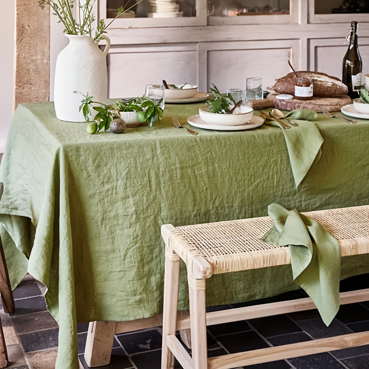 1pc, Polyester Tablecloth, Soft And Skin-friendly Green Tablecloth, Rectangular Easy Style Tablecloth, For Picnic Or Holiday Party, Home Decoration, Room Decoration