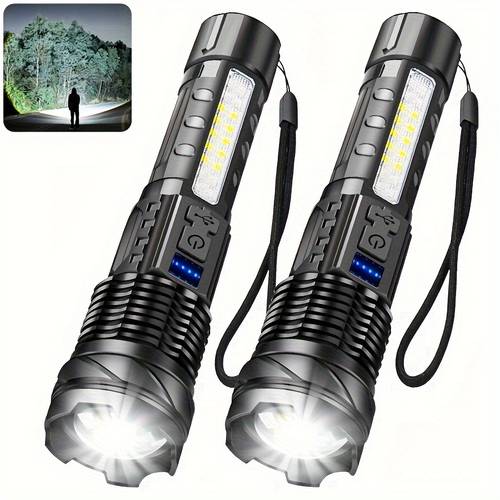 high power led flashlight with cob red blue warning side light rechargeable long distance fishing camping light 7 mode adjustable very convenient and portability