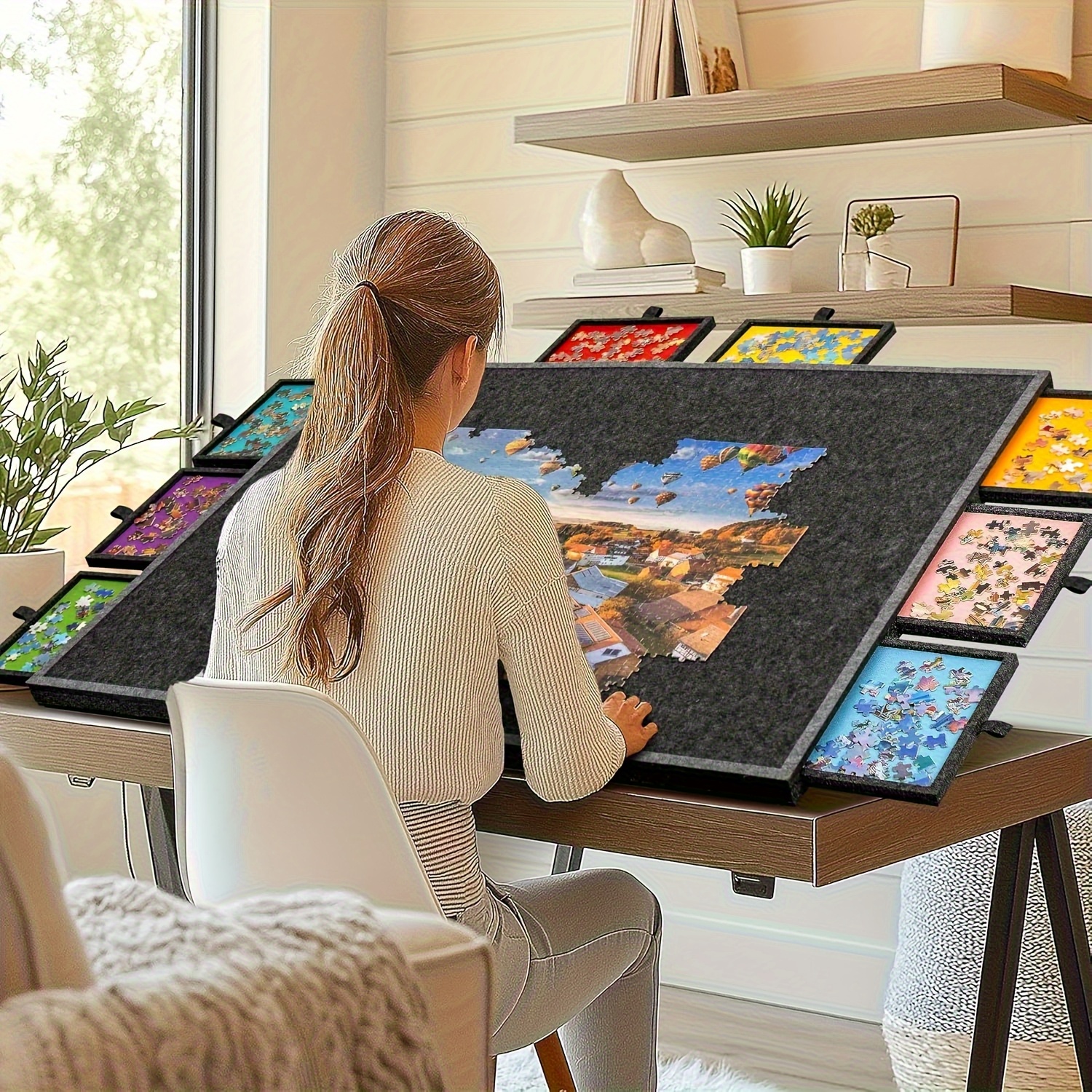Mesa De Rompecabezas Portátil Para 1000 Piezas Con 6 Cajones Clasificadores – Tablero De Fieltro Inclinable Con Cubierta Protectora