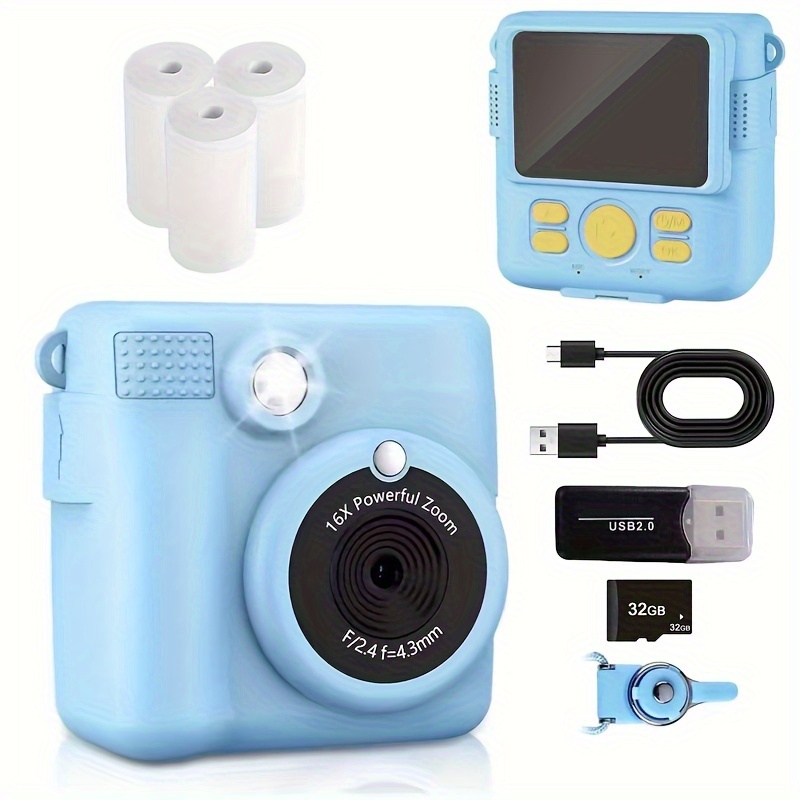 TEMU Instant Print Camera For Kids, Hd Cameras, Portable Toy For 3+ Year Old Girls Boys With 32gb Sd Card - Purple