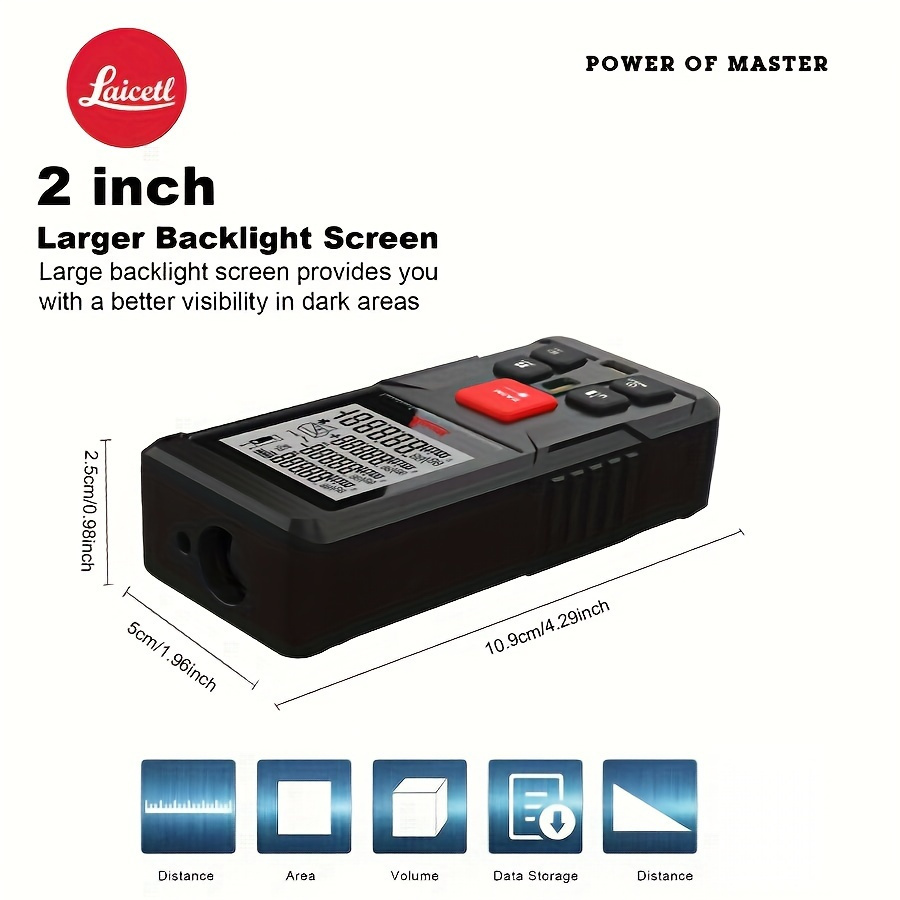 Medidor láser de distancia con doble burbuja Laicetl - Alcance de 50m/160 pies, láser de 0.4-1mW, alta precisión ±0.3mm/s, diseño portátil compacto con pantalla LCD retroiluminada y cambio de unidades, ideal para fotografía, topografía, construcción, equipo de medición, dispositivo ergonómico de mano, cuerpo de plástico resistente