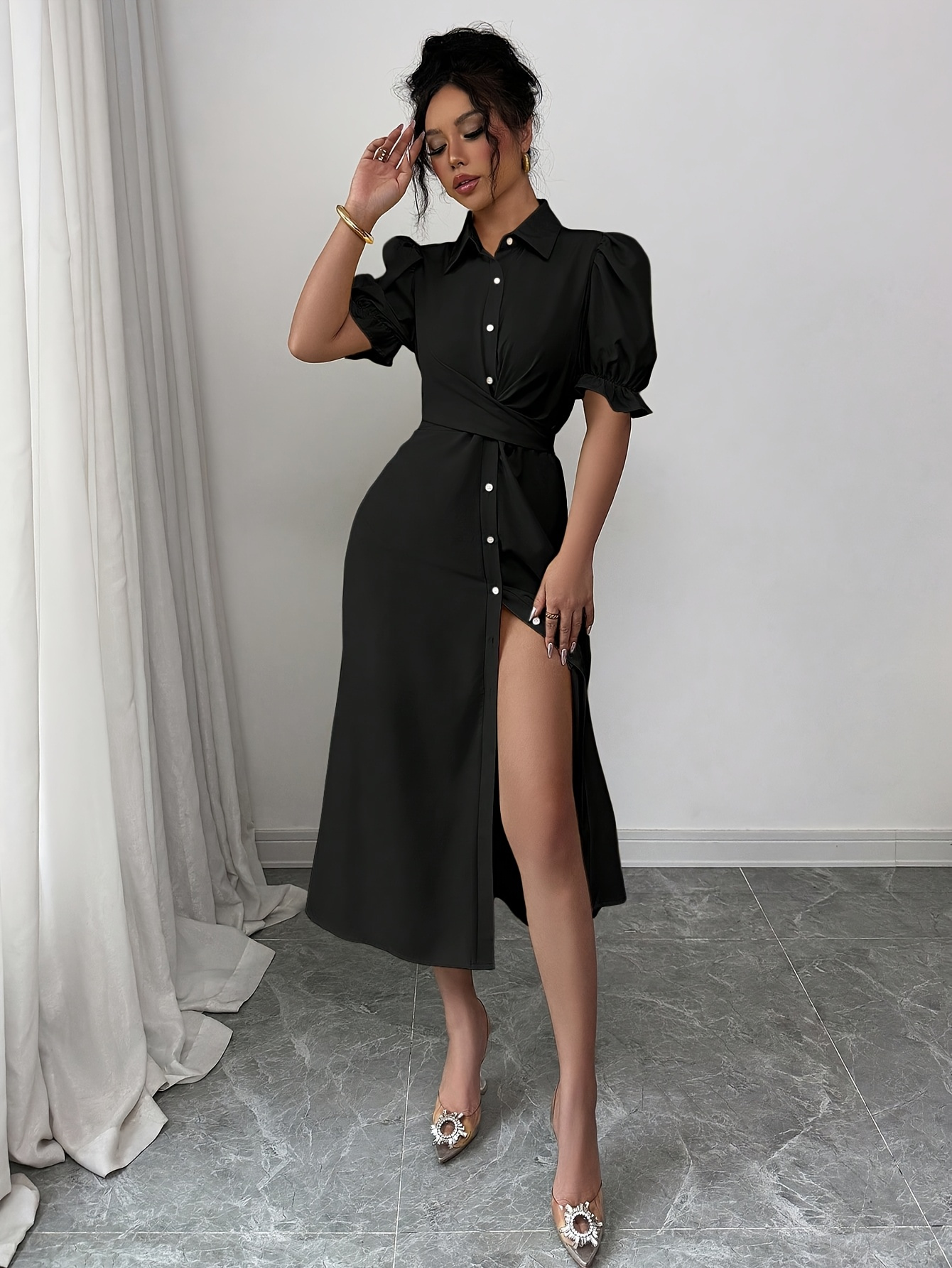 Women's Elegant Long shirt dress - * formal attire * non-stretchy fabric *  professional & Evening Outfits for Women, Versatile Fashion * Collar, Solid  ...