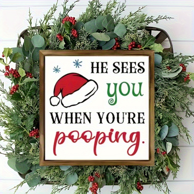 TEMU 2d Flat Wooden Sign: Christmas Hat Fun And Quirky Bathroom Decor Wooden Board - Square Wooden Frame With , Featuring Christmas Hat And Snowflake