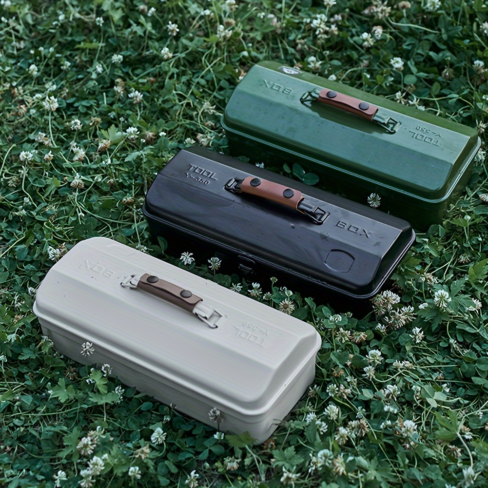 portable metal outdoor tool storage box with   lid sturdy handles multi compartment organizer for camping picnics tools   durable rectangular design in black green beige box cabinet rack for outdoor storage
