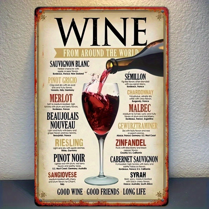 8x12 inch vintage metal wine themed wall art sign   wine varieties food   chart decor for home bar kitchen gifts durable metal plaque with easy hanging wine decor 0
