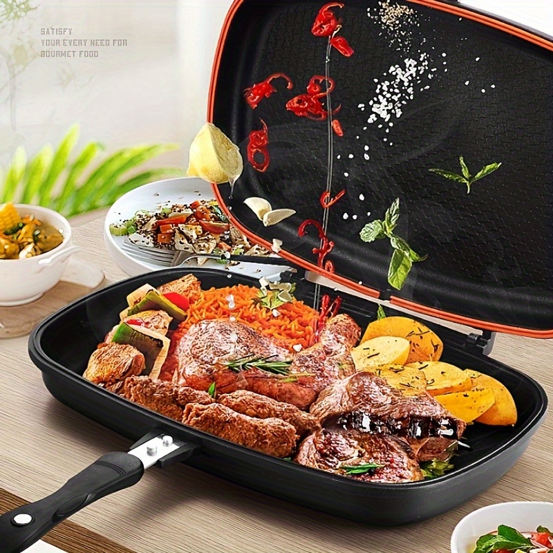 double sided non stick cast   with red accents multi layer composite construction for   heat distribution     indoor outdoor cooking parties and everyday use