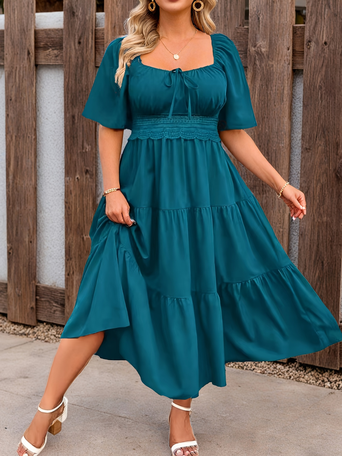 chinese dress ladies Runwind Plus Size Maxi Dress for Curvy Women 3/4 Long Casual Wedding Guest  Dress with Pockets Green 2XL at Amazon Women's Clothing store main image 0