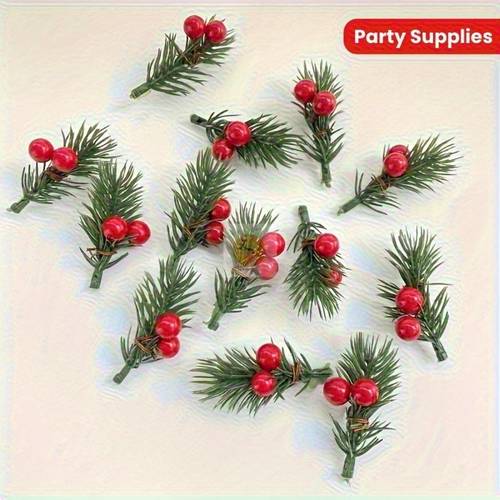 24 pezzi rami di pino artificiali con rosse e fiori di plastica per natale, per fai da te, decorazioni per scatole regalo e feste