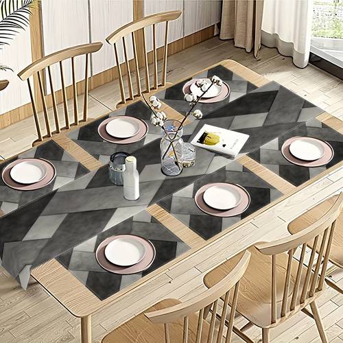 a set of 5 7 table flags and placemats in black gray and geometric abstract designs suitable for decorating kitchen and restaurant tables cafes family holiday parties and weddings