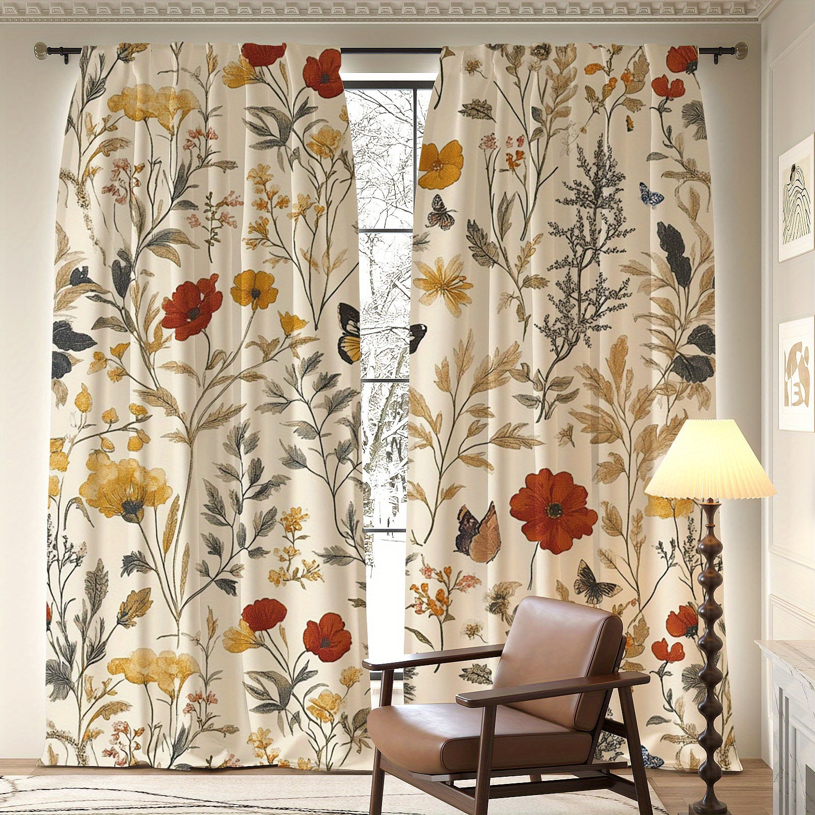 TEMU 2pcs Set Of Vintage Floral Print Blackout Curtains - Polyester Rod Pocket Curtains, Heat-insulating, Light-blocking, Privacy Protection,