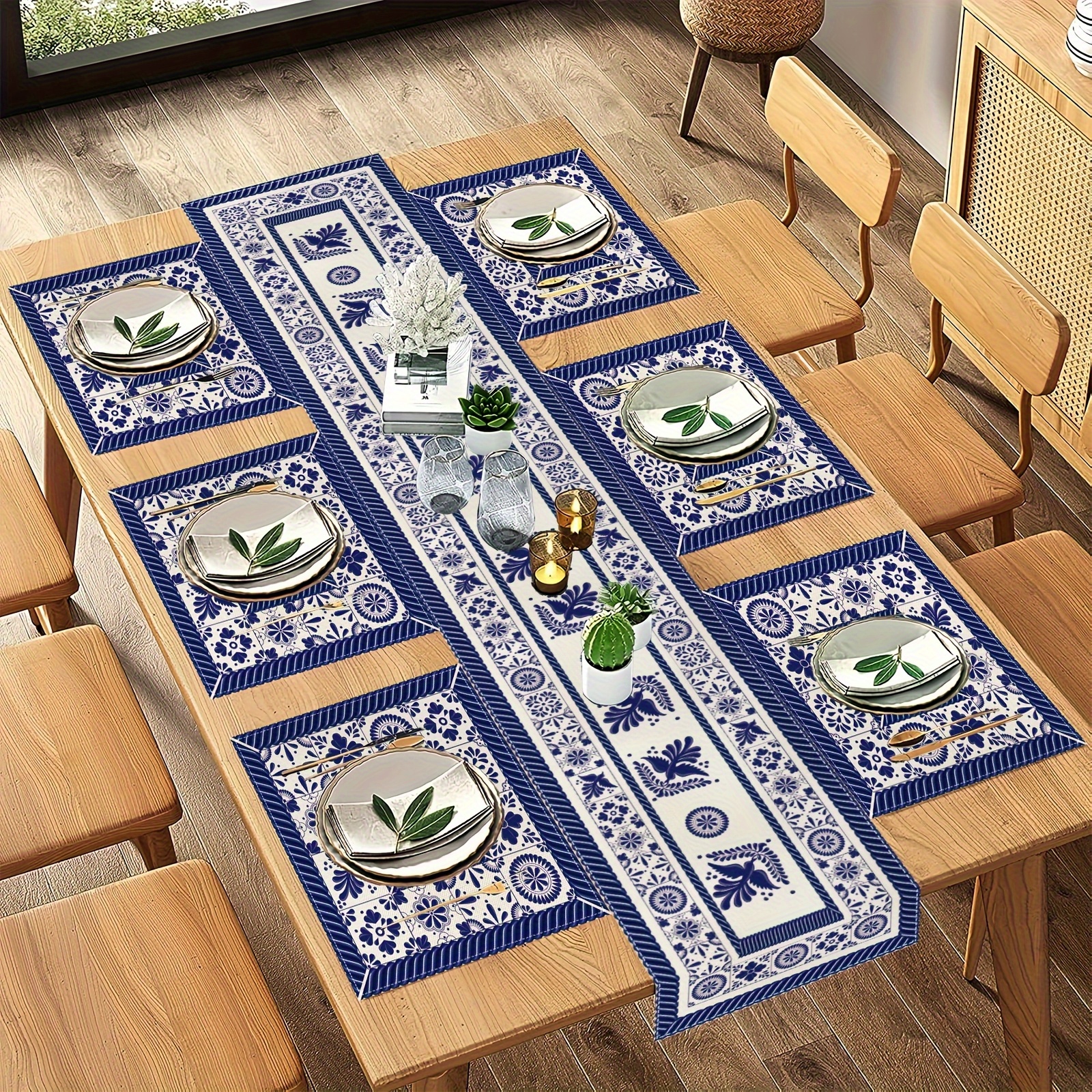 7-Piece Mexican Fiesta Table Set - Dia De Los Muertos Placemats & Table Runner, Linen