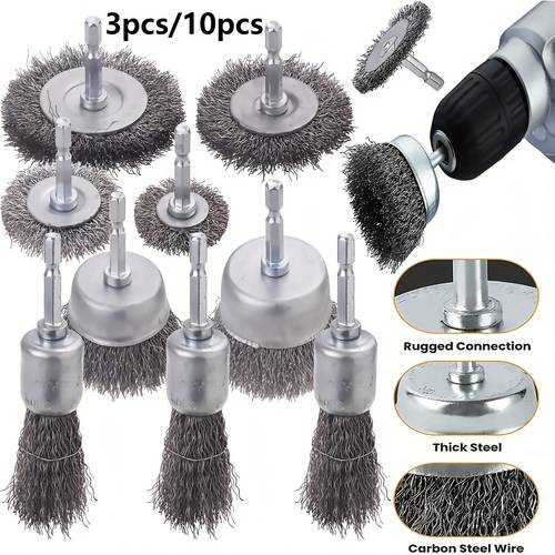 3pcs 10pcs wire brush wheel cup brush set wire brush for drill 1 4 inch hex shank 0 012 inch coarse carbon steel crimped wire wheel for cleaning rust stripping and abrasive for drill attachment
