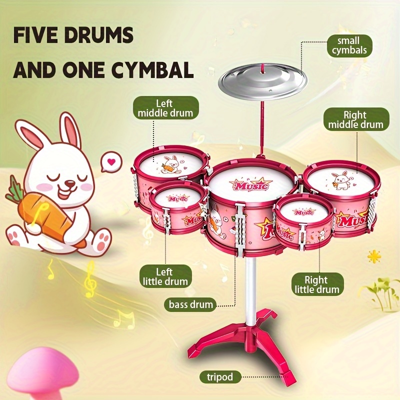 Set De Batería Infantil Con Baquetas Y Taburete – Juguete Musical De PVC Con Luces Y Sonidos – Para Niños De 3 A 5 Años (Rosa)