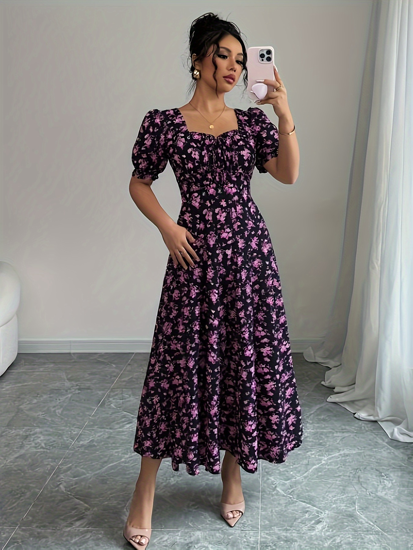 womens elegant floral print maxi dress flowy a line party formal events beach vacation purple floral print on machine washable non stretchy evening gown for women spring fashion bohemian style   party wear purple 0