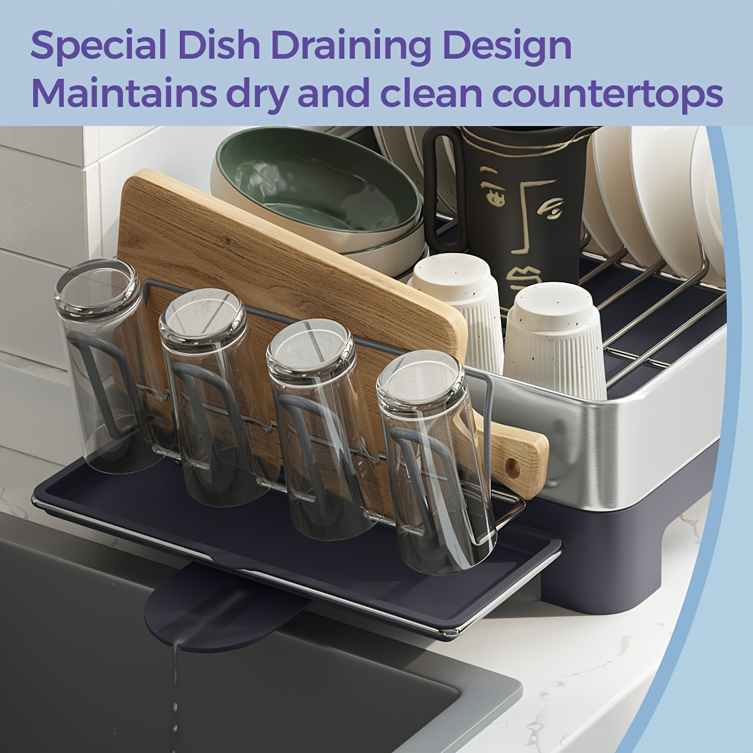 dish drying rack stainless steel dish rack with rotatable spout   fingerprint resistant dish drainers for kitchen counter 12 5 x 22 5in gray black utensil cup glass cutting board pan holders perfect gifts Product details 1