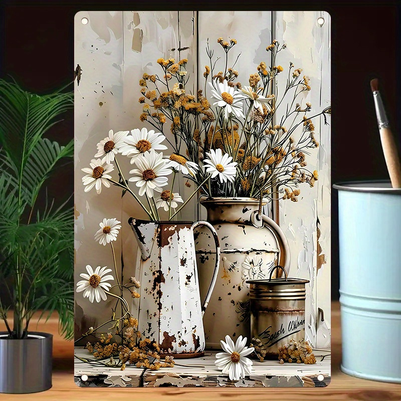 Image of 2d Flat, 1pc Rustic Daisy Metal Wall Art Sign Decor With , Bohemian Style Premium Metal Artwork For Kitchen, Living Room, Entryway Gift For , Rustic Home Decor, Kitchen
