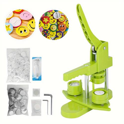 heavy duty rotary badge button press machine with rotating platform 100 pre cut blanks adjustable die sizes 25mm 32mm 58mm for badges buttons pets id tags ideal for hobbyists businesses schools green crafting machine business badge maker userfriendly design stainless steel construction