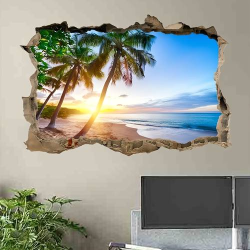 selbstklebende wanddekoration mit tropischem strandpalmen-sonnenuntergang - realistische ozeanblick-tapetaufkleber für wohnzimmer, küche, badezimmer - einfach anzubringen & zu entfernen (keine rückstände), küsten-dekor, küchenkunstwerk, dramatische himmelsbilder, glänzendes